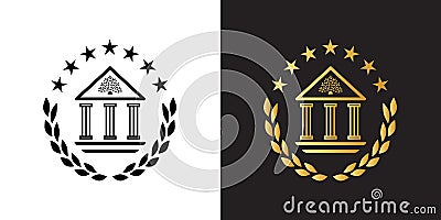 Crest logo with classic academy building, laurel wreath and stars Vector Illustration