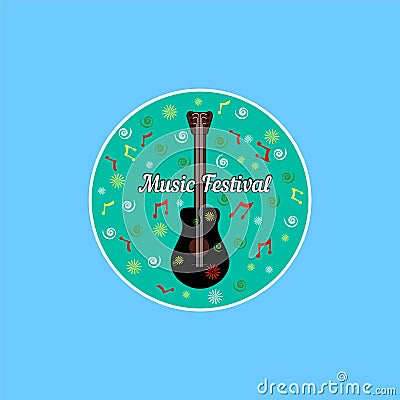 Classic acoustic black guitar with six string in cartoon style with lettering music festival. with colored symbol of note, spiral Vector Illustration