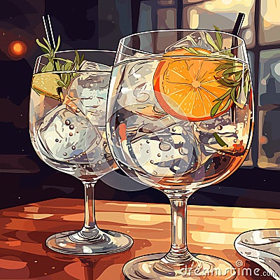 Classic alcoholic cocktail gin and tonic in two glasses. Refreshing drink with lime orange and ice. Vector Vector Illustration