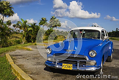 Classic American blue car one of streets in Havana, Editorial Stock Photo