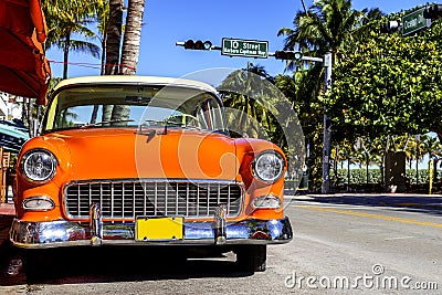 Classic American Car on South Beach, Miami. Stock Photo