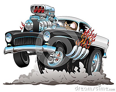 Classic American Fifties Style Hot Rod Funny Car Cartoon with Big Engine, Flames, Vector Illustration Vector Illustration