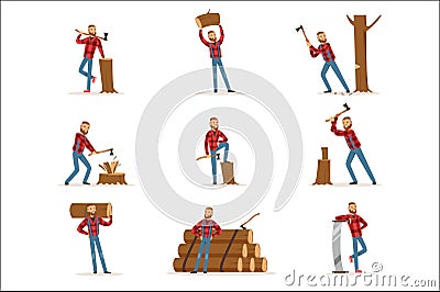 Classic American Lumberjack In Checkered Shirt Working Cutting And Chopping Wood With Cleaver And A Saw Vector Illustration