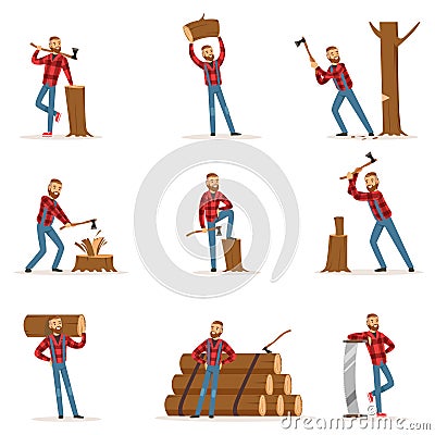 Classic American Lumberjack In Checkered Shirt Working Cutting And Chopping Wood With Cleaver And A Saw Vector Illustration