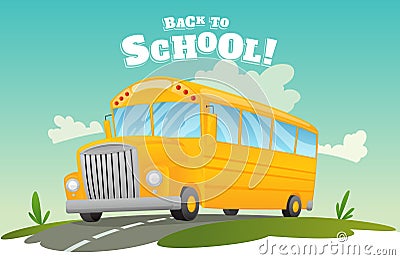 Classic american old school bus. Back to school. Ride on road. Free travel. Color vector school banner Vector Illustration