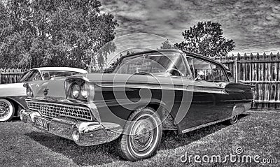 Classic American 1950s Ford Galaxie in black and white Editorial Stock Photo