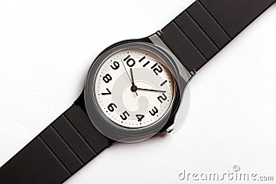 Classic analog black and white wrist watch on the background Stock Photo