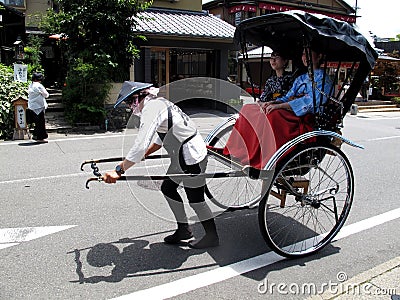 Classic antique vintage retro rickshaw trishaw or bicycle cart for japanese people and foreign travelers use service journey Editorial Stock Photo