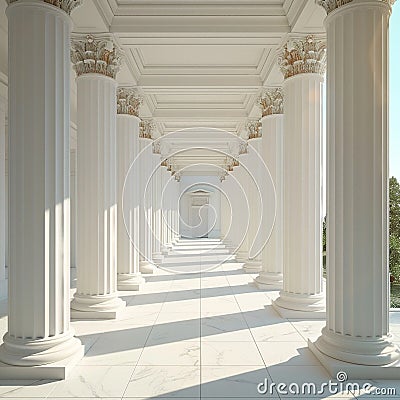 Classic architecture, white columns, sunny day, frontal shot, sharp shadows , 3D render Stock Photo