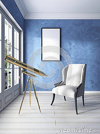 Classic armchair by the window with a Golden telescope and a white mockup poster. Stock Photo