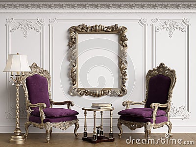 Classic armchairs in classic interior with empty classic frame on the wall Stock Photo