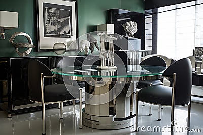 classic art deco dining room, with sleek chrome and glass table and chairs Stock Photo