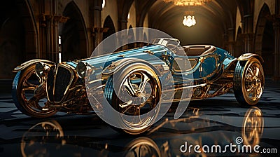 Classic automobile with gleaming gold and metallic detailing, giving it a luxurious aesthetic Stock Photo