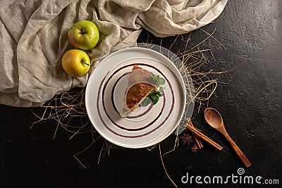 Classic autumn apple sponge cake, garnished with jam, cinnamon, star anise and mint leaves Stock Photo