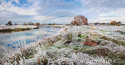 Classic Autumn Landscape With Lonely Orange Oak, Calm River And Frosty Grass And Rime. Frost On The Ground, First Pre-Winter Freez Stock Photo