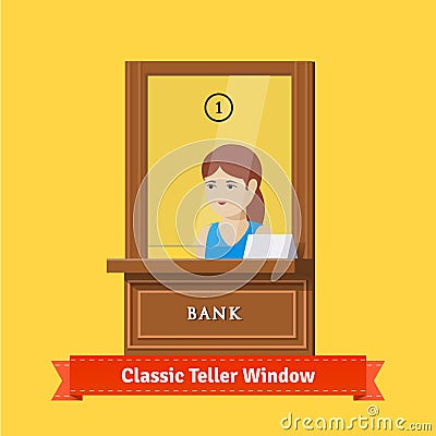 Classic bank teller window with a working clerk Vector Illustration