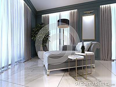 Classic banquette with a floor lamp and a low table in the bedroom Stock Photo