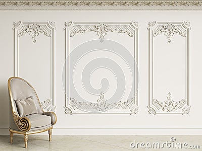 Classic baroque armchair in classic interior. Walls wth moldings and decorated cornic Cartoon Illustration