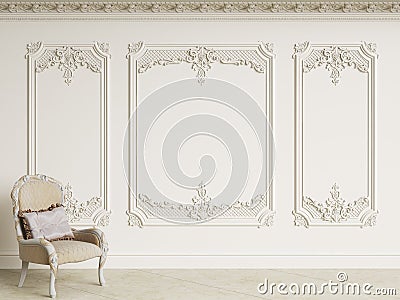 Classic baroque armchair in classic interior. Walls wth moldings and decorated cornice Cartoon Illustration