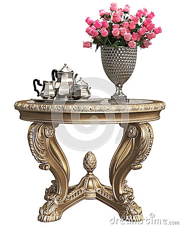 Classic baroque carved table with bouquet of roses and coffee silver set isolated on white background Cartoon Illustration