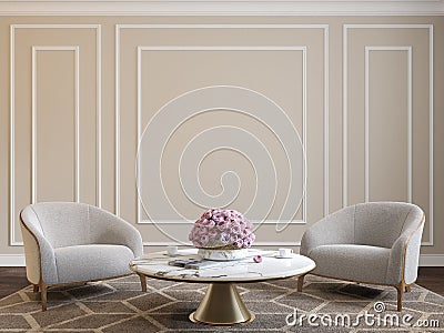 Classic beige interior with armchairs, coffee table, flowers and wall moldings. Cartoon Illustration