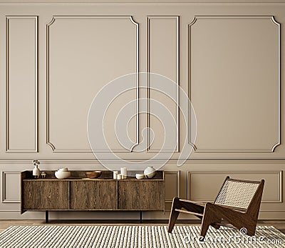 Classic beige interior with dresser, lounge chair, moldings and decor. Cartoon Illustration
