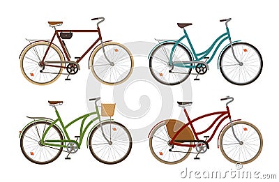 Classic bike, set icons. Retro bicycle, cycle, transport. Cartoon vector illustration Vector Illustration