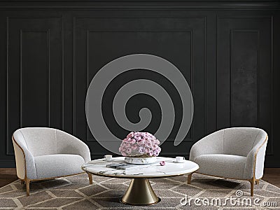 Classic black interior with armchairs, coffee table, flowers and wall moldings. Cartoon Illustration