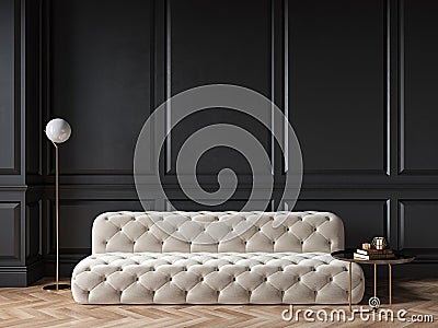 Classic black interior with capitone chester sofa, mouldings, wooden floor, floor lamp, coffee table. Cartoon Illustration