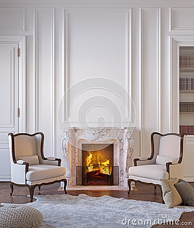 Classic black interior with fireplace, armchairs, moldings, wall pannel, carpet, fur. Stock Photo