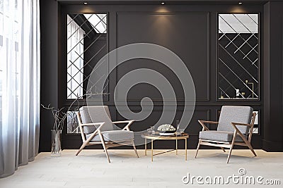 Classic black modern interior empty room with lounge armchairs Cartoon Illustration