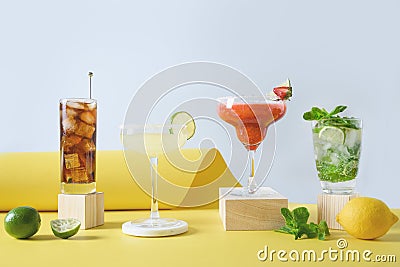 Classic and blackberry mojito, cuba libre, margarita cocktail with lime. Stock Photo