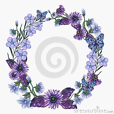 Classic blue purple flower botanical bouquet plant dry leaves and butterfly Trendy fall winter cozy collection wreath circle Stock Photo