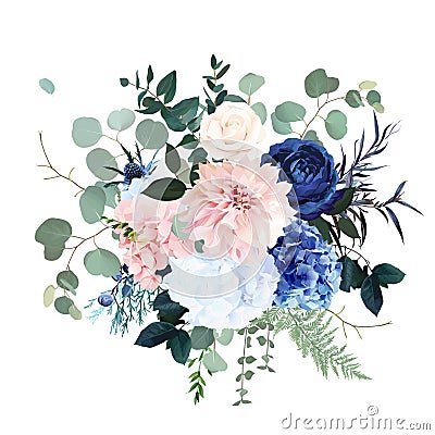 Classic blue rose, pink hydrangea, ranunculus, dahlia, thistle flowers, emerald greenery Vector Illustration