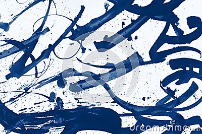 Classic blue tone abstract brush strokes and splashes of paint on paper. Grunge art calligraphy background. trendy 2020 Stock Photo