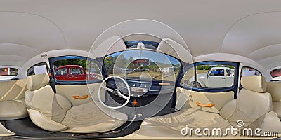 Classic Blue VW Beetle Interior at a Classic Car Show Editorial Stock Photo