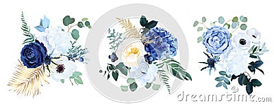 Classic blue, white rose, white hydrangea, ranunculus, anemone, thistle flowers, greenery and eucalyptus Vector Illustration