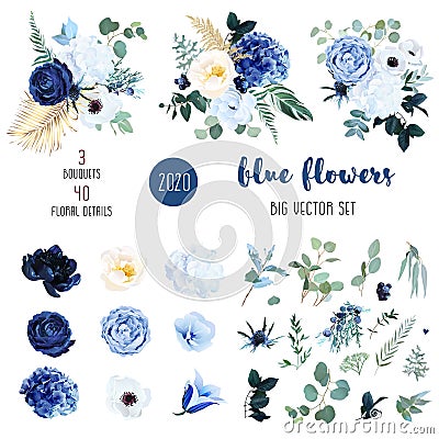 Classic blue, white rose, white hydrangea, ranunculus Vector Illustration