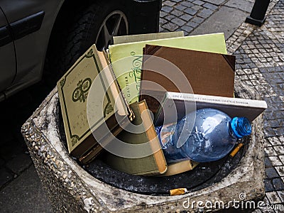 Rubbish bin in Prague that is an allegory about modern life Editorial Stock Photo