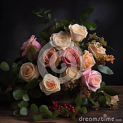 Classic bouquet with mixed roses and greenery. Mother's Day Flowers Design concept Stock Photo