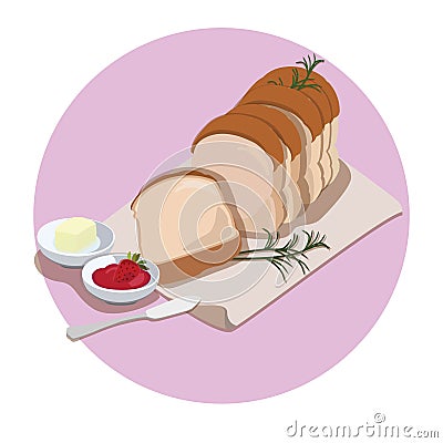 Classic Bread and Butter, Strawberry Jam Vector Illustration