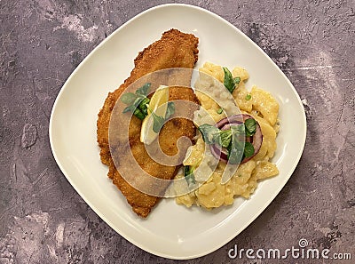 Classic breaded plaice fish fillets, coated in flour, egg, breadcrumbs and fried in oil to golden.le. Stock Photo