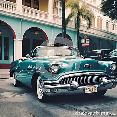 Classic Buick convertible parked on Miami street, Generative AI Stock Photo