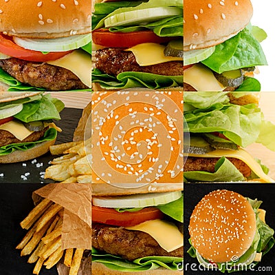 Classic Burger Fast Food Collage, Various Burgers Collection Stock Photo