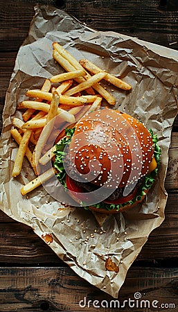 Classic burger and fries on wooden table with space for text placement above, top view Stock Photo