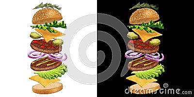 Classic Burger illustration with flying ingredient Cartoon Illustration