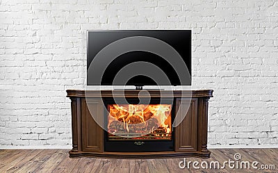 Classic burning fireplace with TV in bright empty living room interior of house Stock Photo