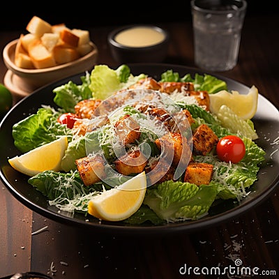 Classic Caesar salad elevated with succulent, grilled shrimp toppings Stock Photo