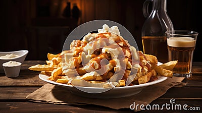 Classic Canadian poutine fries, cheese curds, smothered in savory gravy, a comfort food favorite. Stock Photo