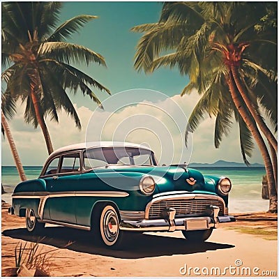 Classic car on the beach with palm trees and blue sky. Stock Photo